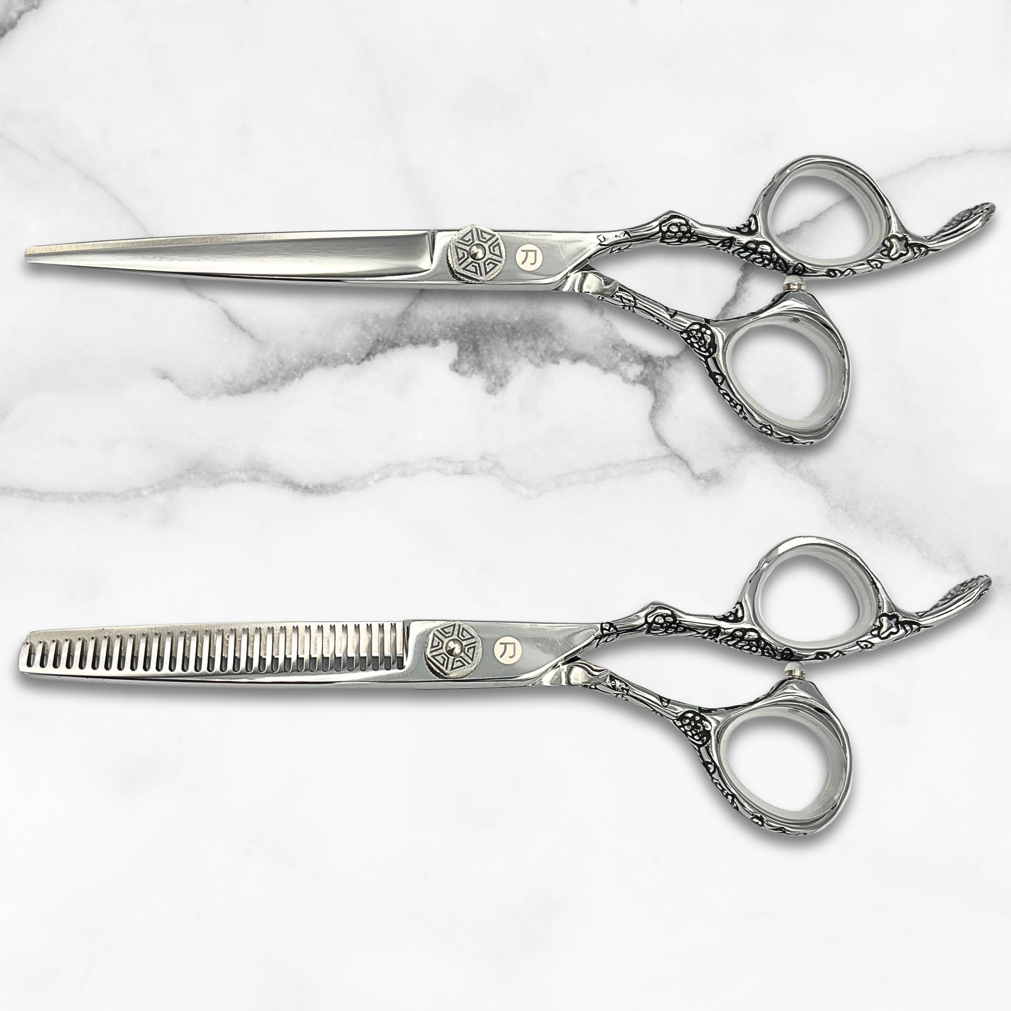 Saki Shears Kohana Engraved Steel Hair Shears Set (Hair Cutting and Thinning Shears)
